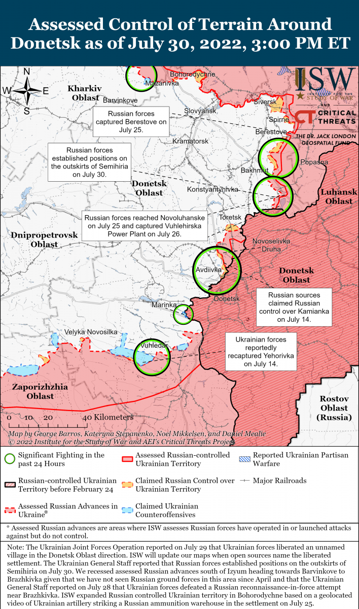 Мапа бойових дій у Донецькій області від ISW