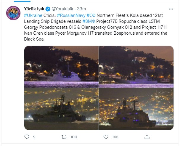Свіжі дані щодо руху десантних кораблів РФ / Twitter Yörük Işık